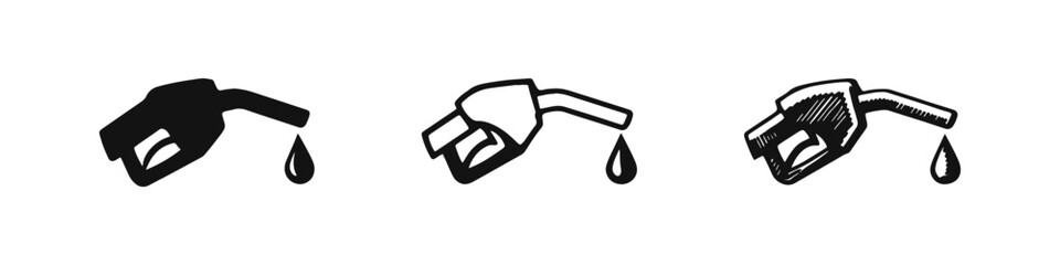 Fototapeta premium Gasoline Pump Nozzle Icons with Fuel Drop in Different Styles