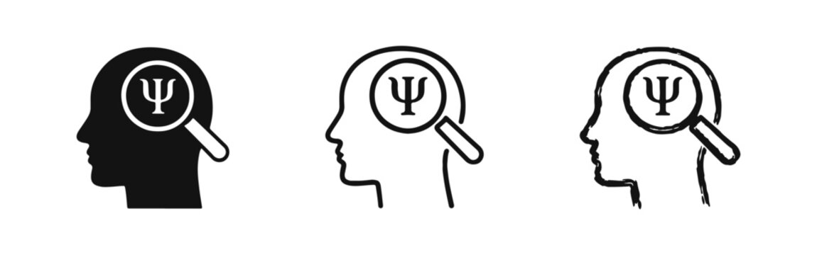 Head Profile with Magnifying Glass and Psi Symbol for Mental Examination
