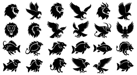 Obraz premium Collection of silhouette mythical creatures: lions, eagles, and fish in black on white.
