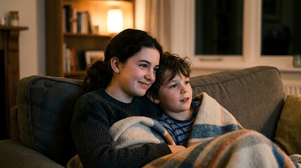 Fototapeta premium Woman and child sitting on couch watching TV together at home.