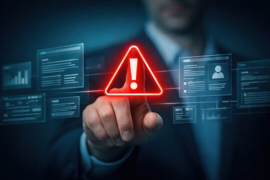 Digital warning alert with red exclamation mark risk management system notification concept