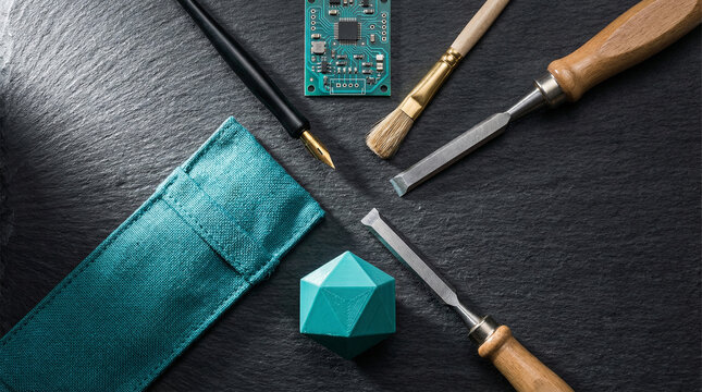A top-down flat lay displays a pen, circuit board, brushes, chisels, and a teal geometric object on dark slate.