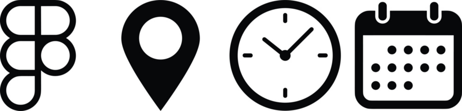 Minimalist Black and White Icon Set Featuring Figma Logo Design Pin Map Location Marker Analog Clock Time and Wall Calendar Schedule