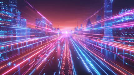 Abstract futuristic city with glowing lines and vibrant colors at sunset © Mangku