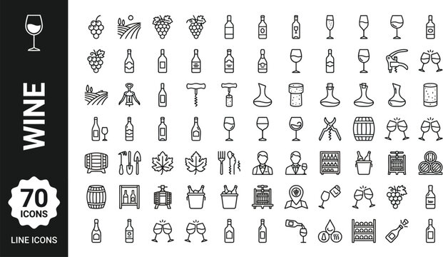 A collection of wine icons and symbols in a simple line art style Ai, eps, jpg, transparent background, eps