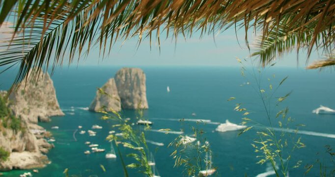 A shaded viewpoint with palm leaves overlooks the Faraglioni sea stacks in Capri Italy