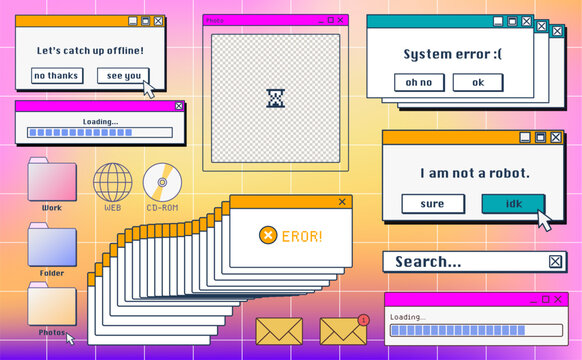 Retro system error message and old icons on computer screen. Vector illustration of Y2K warning window with critical alert, vintage UI elements, folders, email signs, classic desktop interface design