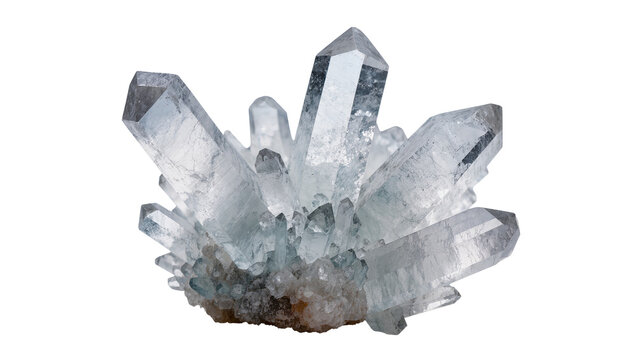 Cluster of clear quartz crystals with rough base, isolated on transparent background