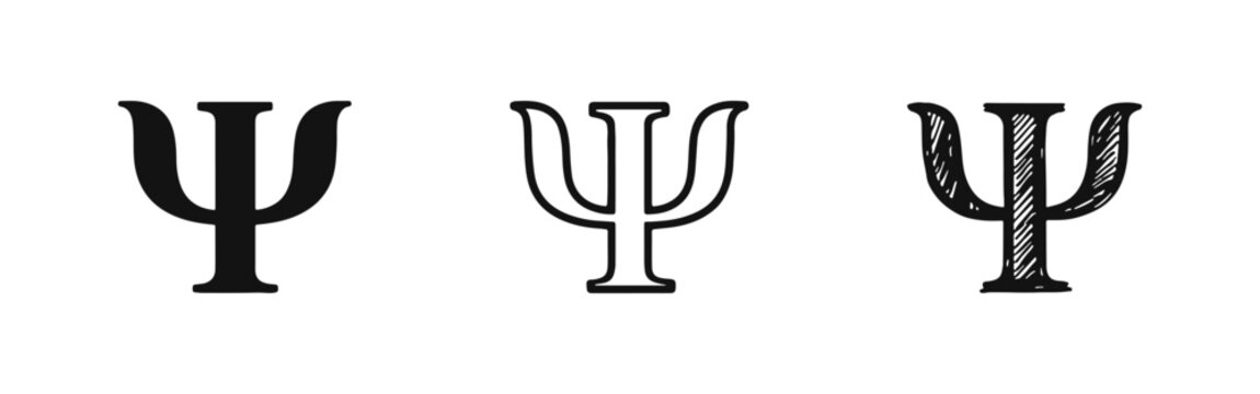 Classic Psi symbol icon set, representing psychology and mental well-being in various styles.