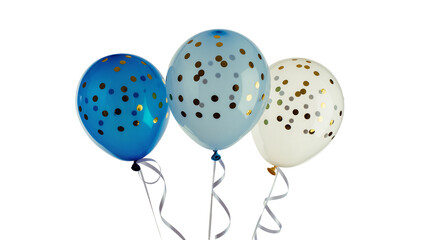 Three confetti balloons blue light blue and white, isolated on transparent background