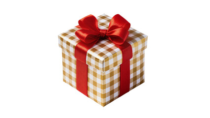 Obraz premium Gold and white checkered gift box with red ribbon and bow, isolated on transparent background
