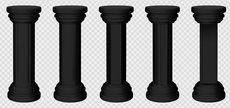 Black hexagon column. Concrete museum pillar stand with trophy podium. Antique greek pedestal for business product to show. Cylindrical plastic display monument block. Ornamental vertical frame