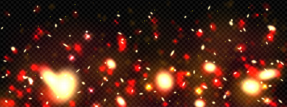 Red glitter particles with pink firefly light and magic sparkle overlay background. Galaxy bokeh effect with deep fire and luxury night starlight. Cool voodoo neon fantasy fluorescent stars shine