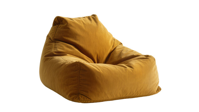 Ochre yellow bean bag chair soft fabric comfortable seating, isolated on transparent background