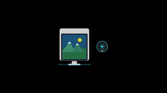 Ideal for technology, travel, and design projects, this visually striking computer screen image features mountains, moon, and abstract icon.