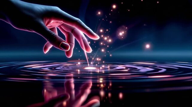 A person's hand reaching for a glowing light in the water