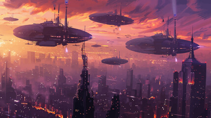 Futuristic cityscape with flying vehicles amidst a vibrant sunset sky © Mangku