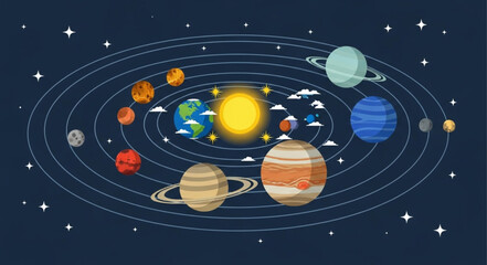Illustration of the Solar System with planets orbiting the sun. © Izas ganis