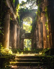 Fototapeta premium Ancient overgrown stone structure with columns and archways