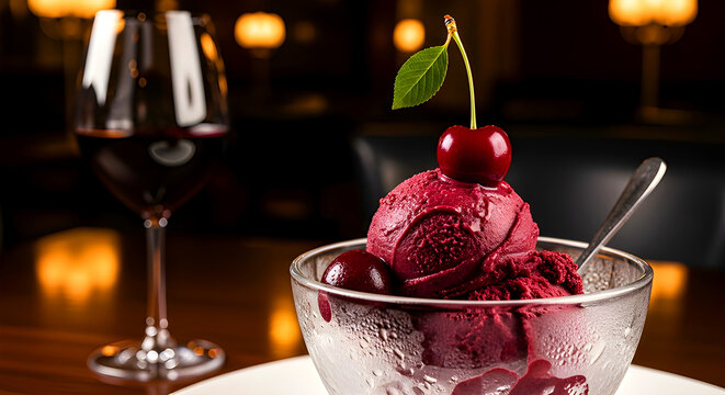 Cherry Berry Ice Cream Dessert with Red Wine in Romantic Evening Setting &mdash; Es Krim Berry Ceri dengan Anggur Merah di Suasana Malam Romantis