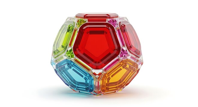 A vibrant and translucent multi-colored geometric crystal ball isolated on a plain white background