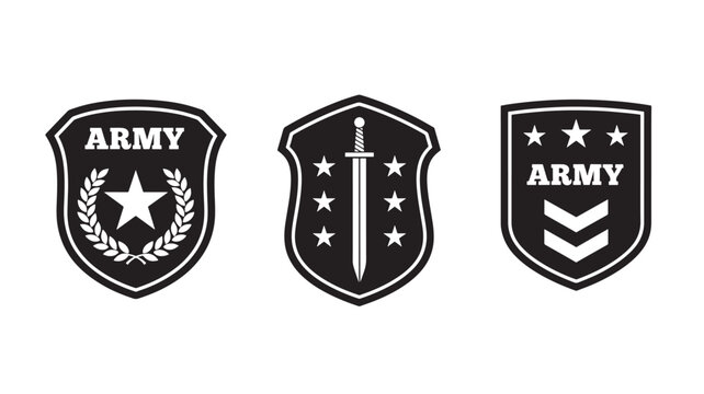 Army emblems with stars, swords, and laurel wreaths for military design and insignia. featuring emblem, badge, patch with shield and star elements