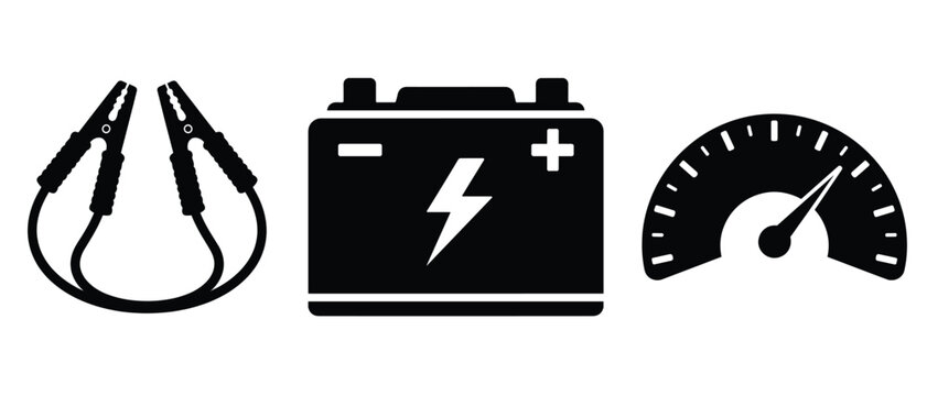 Car battery jumper cables with battery and speedometer icons