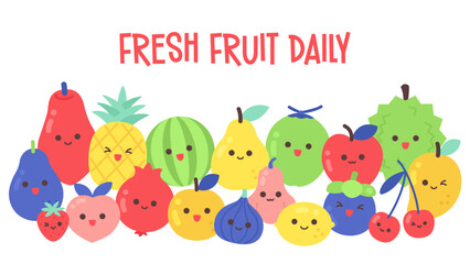 Fototapeta premium Fresh fruit daily banner with cute kawaii fruit characters colorful flat vector illustration