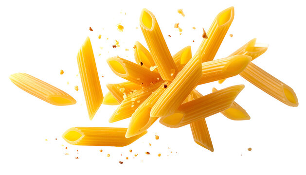 Pile of golden, uncooked penne pasta on black background