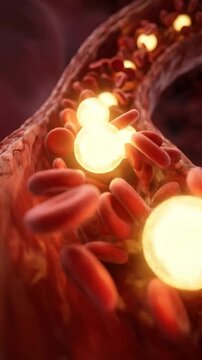 Glucose hormone blood sugar insulin flow through artery with red blood cell in bloodstream glow, circulation and lipid particles, diabetes metabolism concept, medical science background visuals