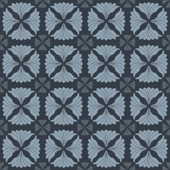 Fototapeta premium Seamless dark floral medallion pattern with stylized blue gray motifs on deep charcoal background