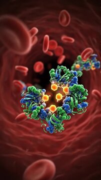 Glucose hormone blood sugar insulin protein enzyme receptor molecule biochemistry complex circulating bloodstream with red blood cell background medical concept showing metabolism and energy balance