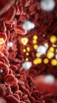 Glucose hormone blood sugar insulin red blood cell flowing through artery and bloodstream with plasma lipid particle and platelet, diabetes metabolism circulation close up illustration for diabetes