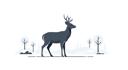 Obraz premium A dark gray deer with antlers stands in a minimalist snowy landscape with stylized trees and hills.