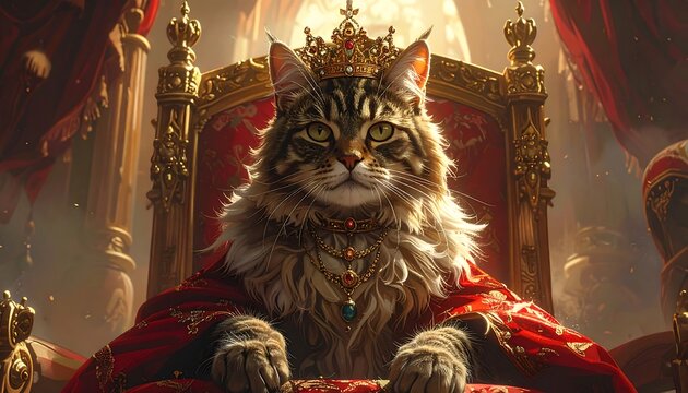 A regal feline sits on a throne, adorned in a crown and royal garments, exuding an air of authority and nobility
