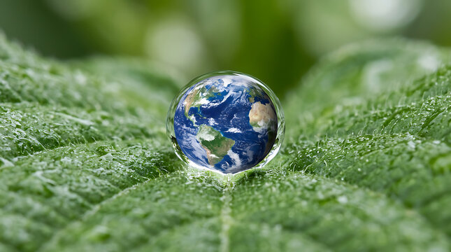 Earth globe in a water droplet on a green leaf  eco concept transparent background