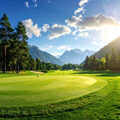 Obraz premium A serene golf course landscape with mountains and trees