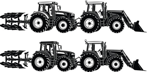 Agricultural tractor with plow and front loader silhouette set isolated black farming machinery collection showing heavy equipment for field work and cultivation tasks © MdHasanAli