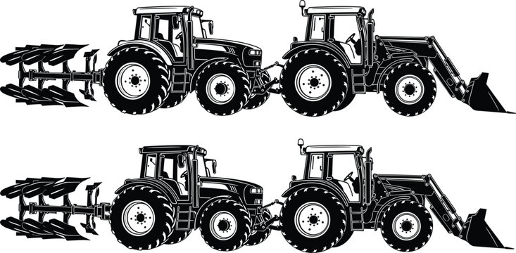 Agricultural tractor with plow and front loader silhouette set isolated black farming machinery collection showing heavy equipment for field work and cultivation tasks