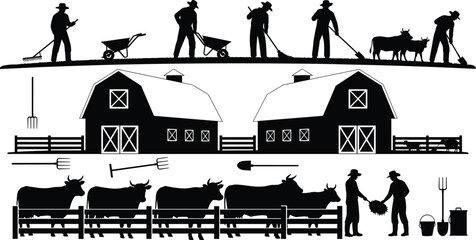 Black silhouette farm scene with farmers working, barns, cattle, tools, and rural activities, depicting traditional agriculture, livestock care, and countryside life in vector illustration style © MdHasanAli