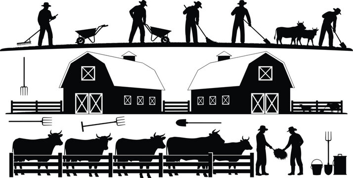 Black silhouette farm scene with farmers working, barns, cattle, tools, and rural activities, depicting traditional agriculture, livestock care, and countryside life in vector illustration style