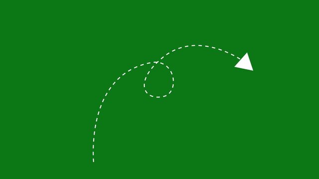 A white dotted curved arrow path moving on green screen background, illustrating direction and motion flow ideal for chroma key overlays, presentations and video editing use