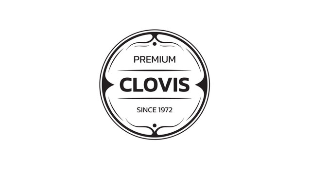Badge emblem with the text CLOVIS PREMIUM SINCE 1972 in a circular black border with decorative elements