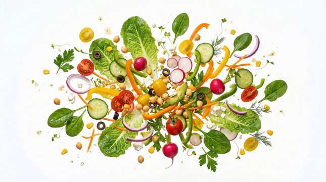 Dynamic explosion of fresh salad ingredients including lettuce leaves, cherry tomatoes, cucumbers, and bell peppers flying in the air, isolated on a white background, healthy food concept