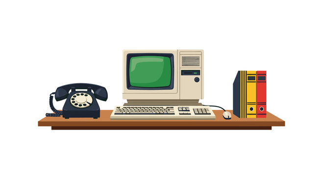 A vintage beige computer, a black rotary telephone, and three binders are arranged on a wooden desk against a white background.
