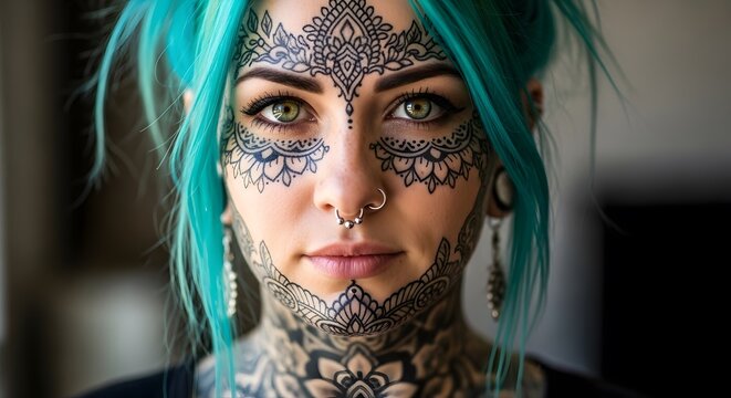 Woman with Intricate Face Tattoos and Teal Hair