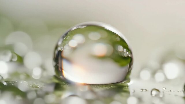 Extreme macro of a single clear water droplet on a green leaf with bright sunlight glint and soft bokeh background
