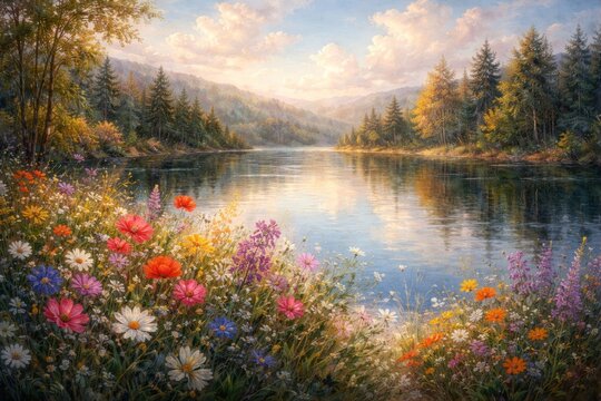 Serene landscape with vibrant flowers.