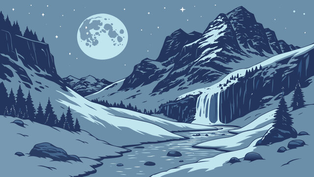 Snow Covered Moonlit Mountain Vector Illustration with Frozen Waterfall, Icy Textures and Starry Night Sky, Cinematic Winter Landscape, Ultra Detailed Vertical Background