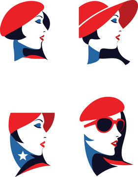 A modern collection of elegant woman face logos featuring stylish hats, sunglasses, and trendy hairstyles. These artistic vector designs represent beauty, fashion, glamour, and confidence, making them